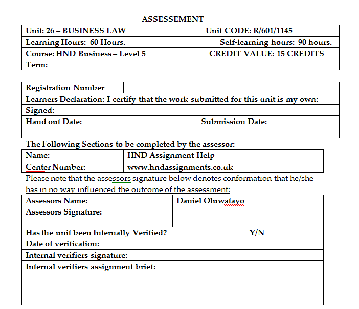 Unit 26 Business Law Assignment Brief